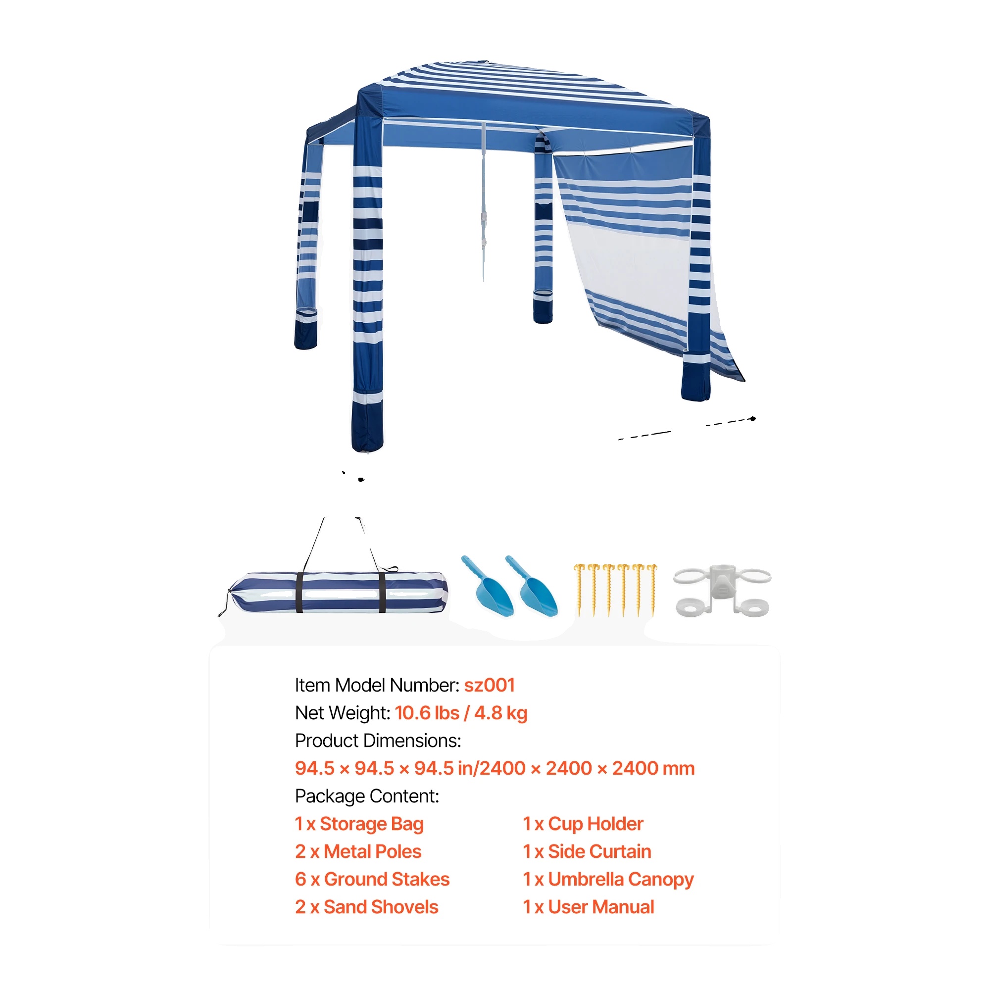 Strandunterstand, Verstellbare Höhe, Uv-schutz, Marineblau Weiß Streifen