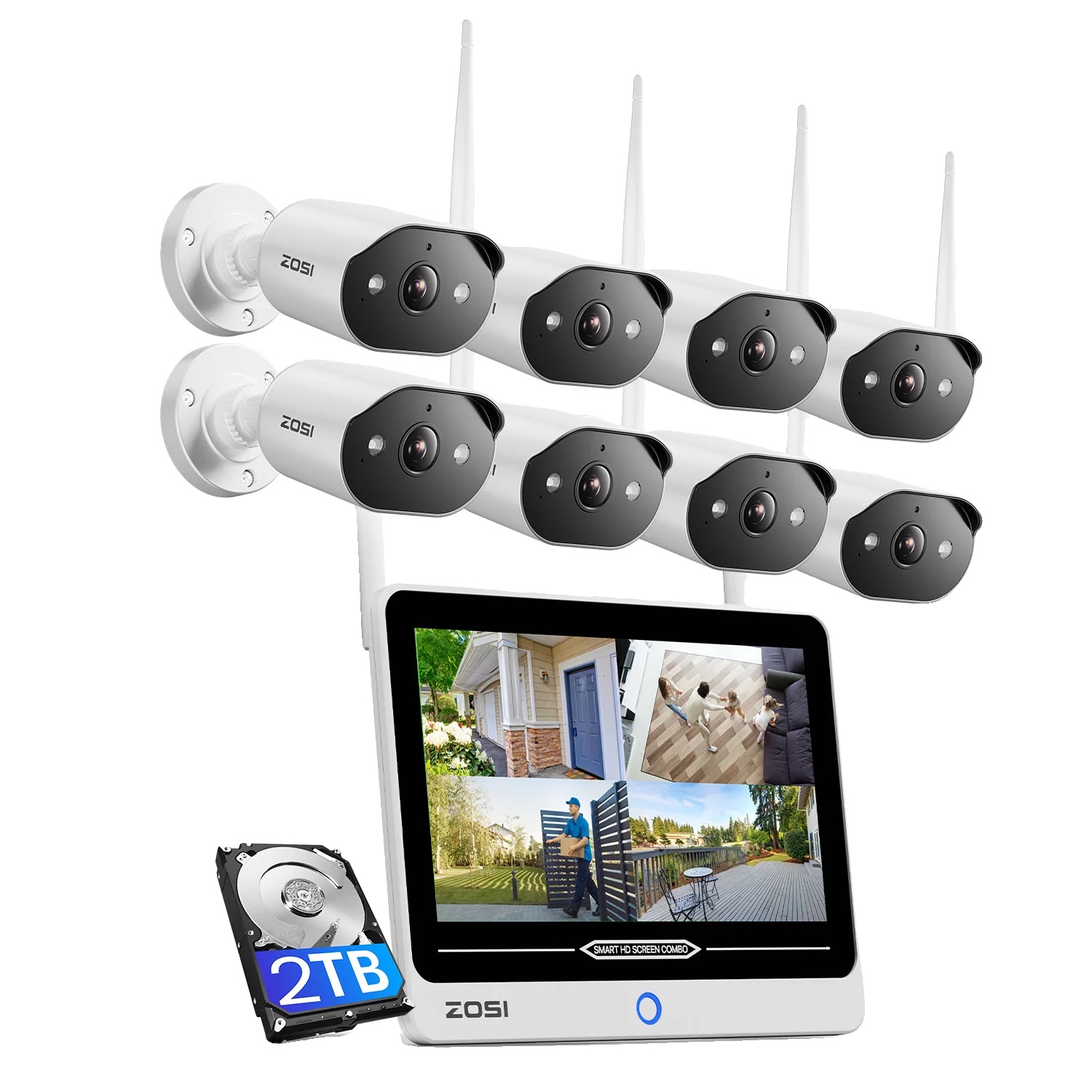 Sicherheitskamera-system, 2k Auflösung, 12'' Lcd-monitor, Ki-personenerkennung, Innen- Und Außenbereich Für Die Haussicherheit, 3mp 8 Kameras 2tb