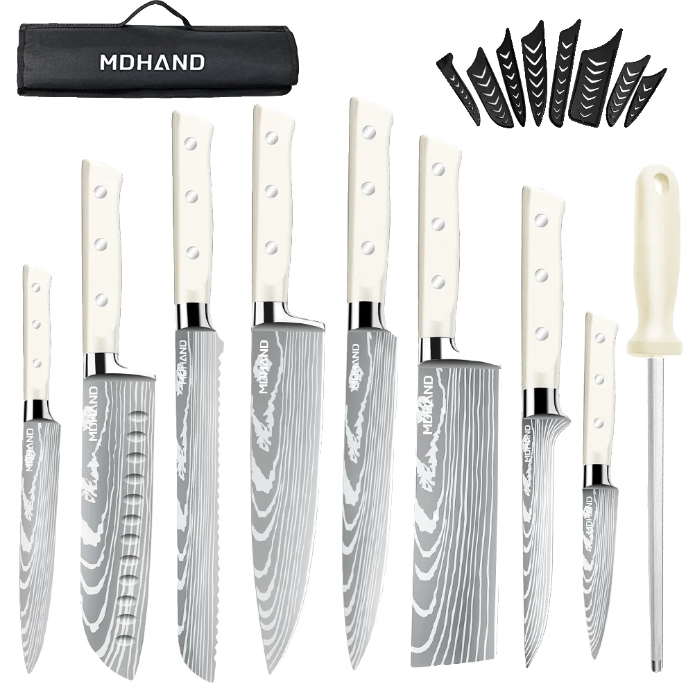 Kochmesser Set, Hochkohlenstoff-edelstahl, Ergonomischer Holzgriff, Weiss