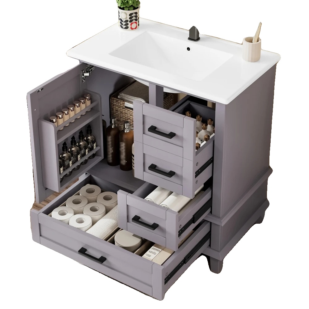 Badezimmerschrank, Integrierter Waschbecken, Moderne Aufbewahrungslösungen, Grau