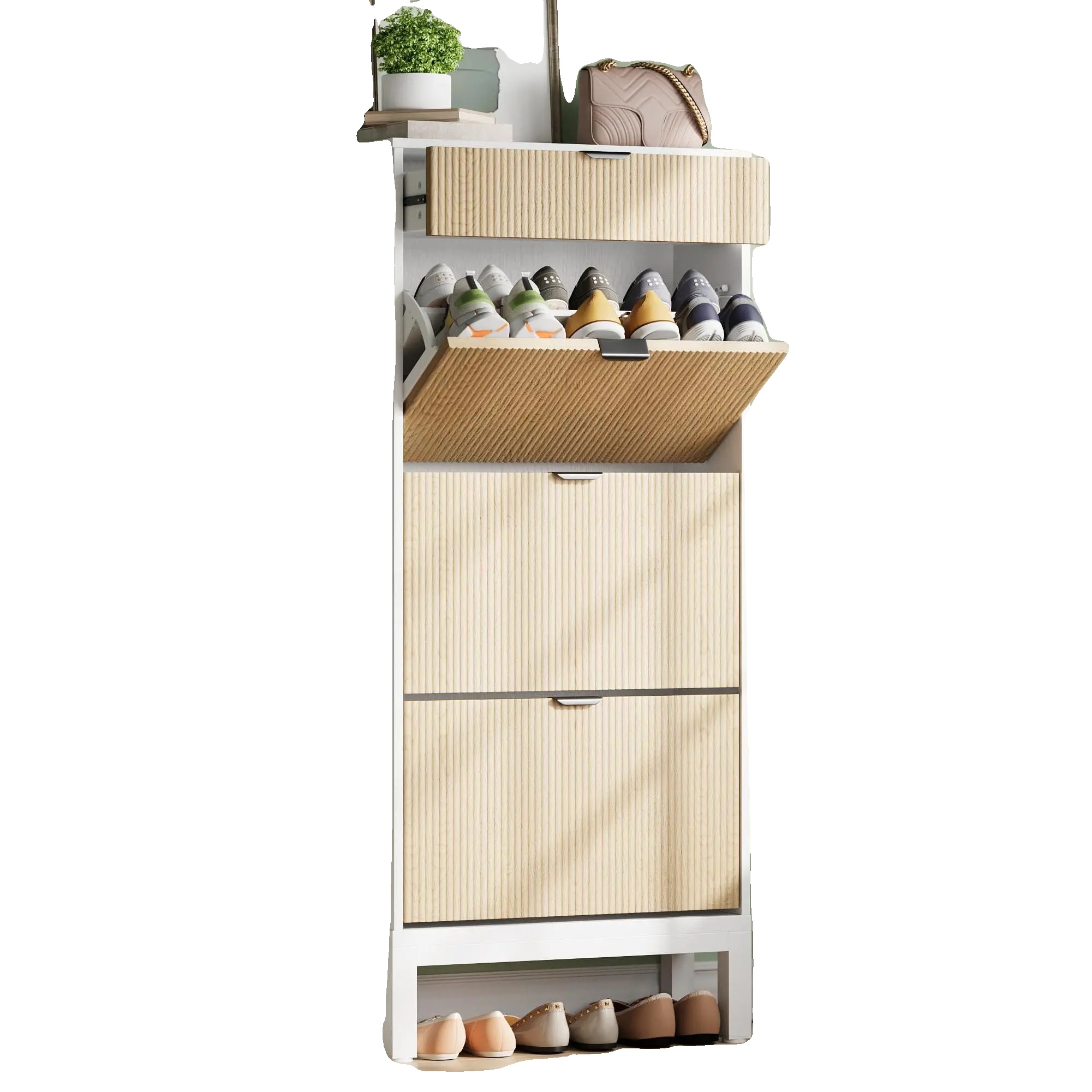 Schuhschrank, Klapptüren, Platzsparendes Design, Weiße Eiche