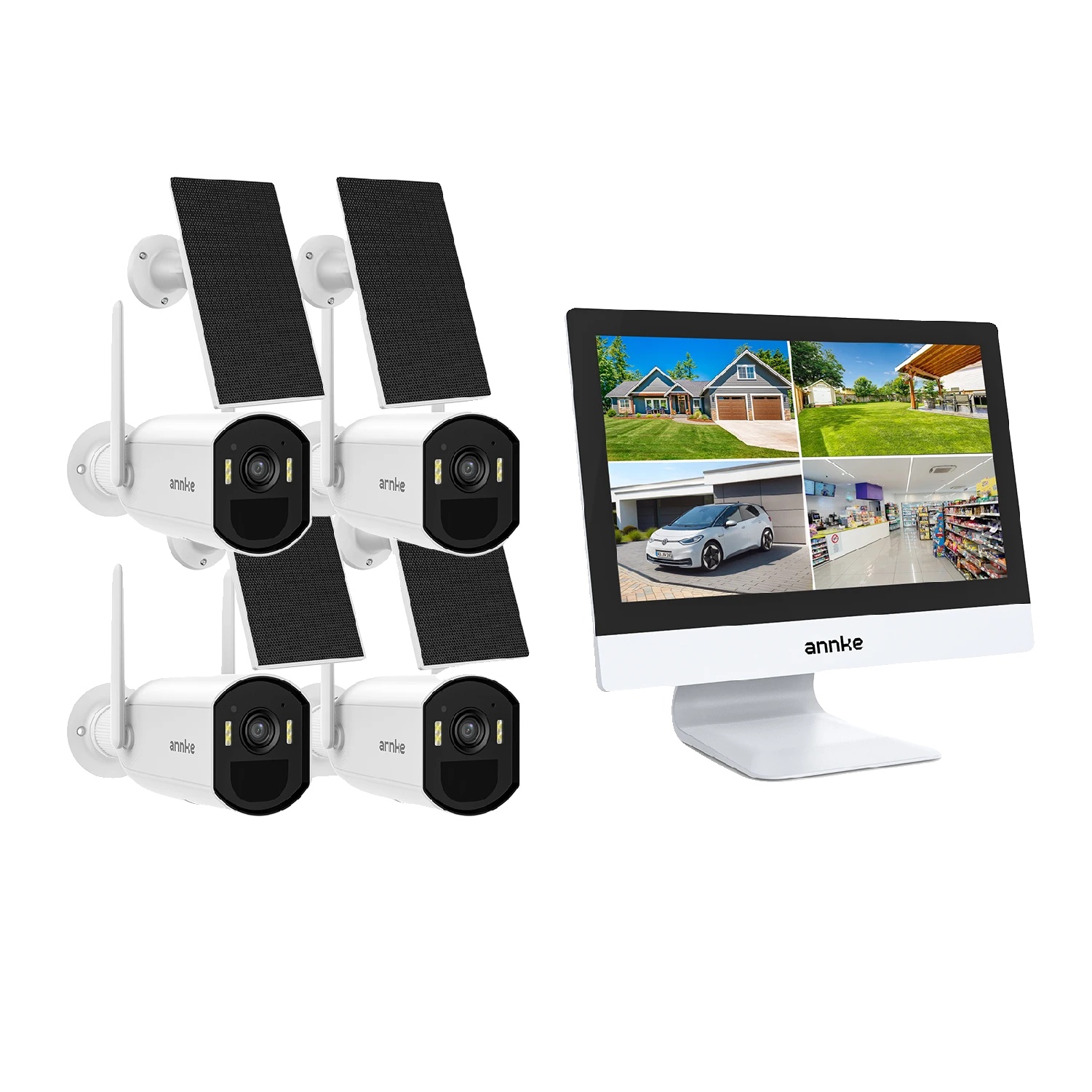 Drahtloses Solar-sicherheitssystem, 12-zoll-monitor, Dual-band-wifi, 4 Stück Kamera, Keine, Kein Stecker