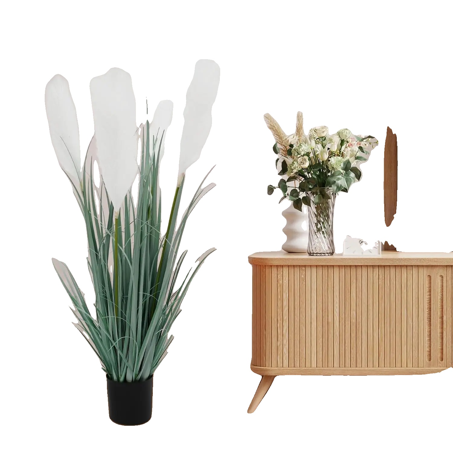 Künstliches Pampasgras, Höhe 90 Cm, Material Pvc, Für Den Innenbereich, Inklusive Pflanzgefäß, Grasstil