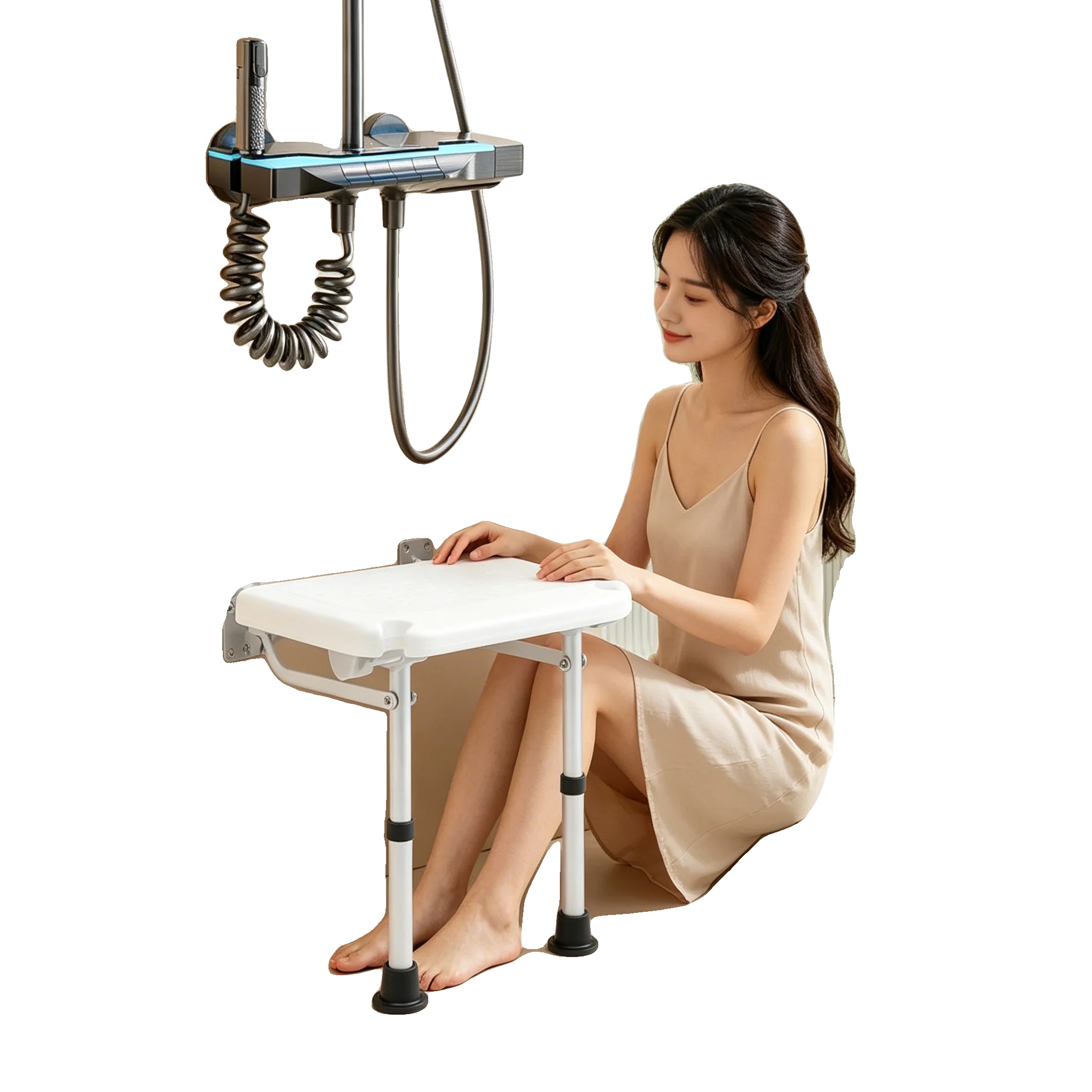 Klapp-duschsitz, Verstellbare Höhe 42-53cm, Unterstützt 100kg, Sitzbrettgröße 4032cm, Fußpolsterdurchmesser 5cm, Gummifüße