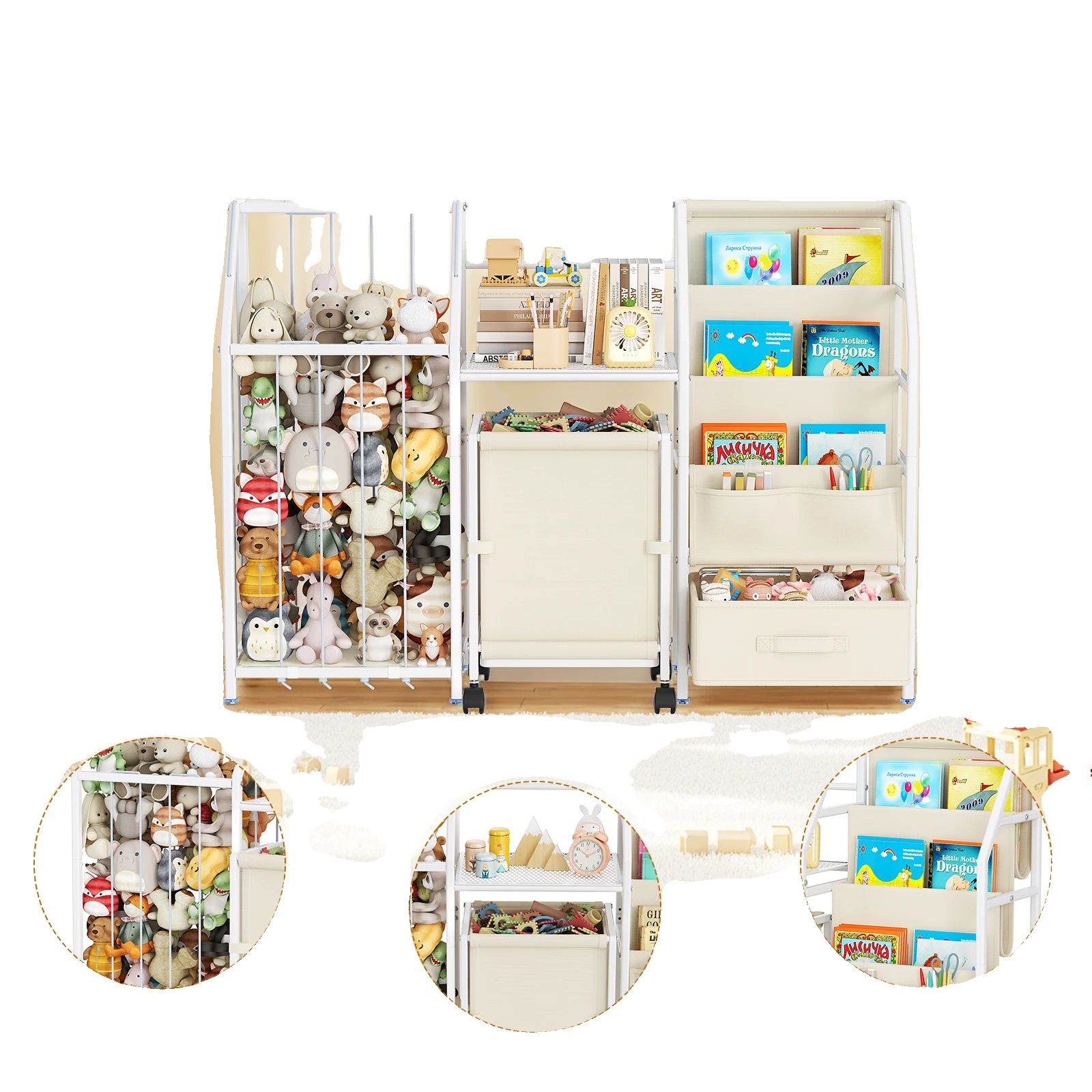 Kinderbuchregal, Spielzeugorganizer, Rollwagen, Weiss