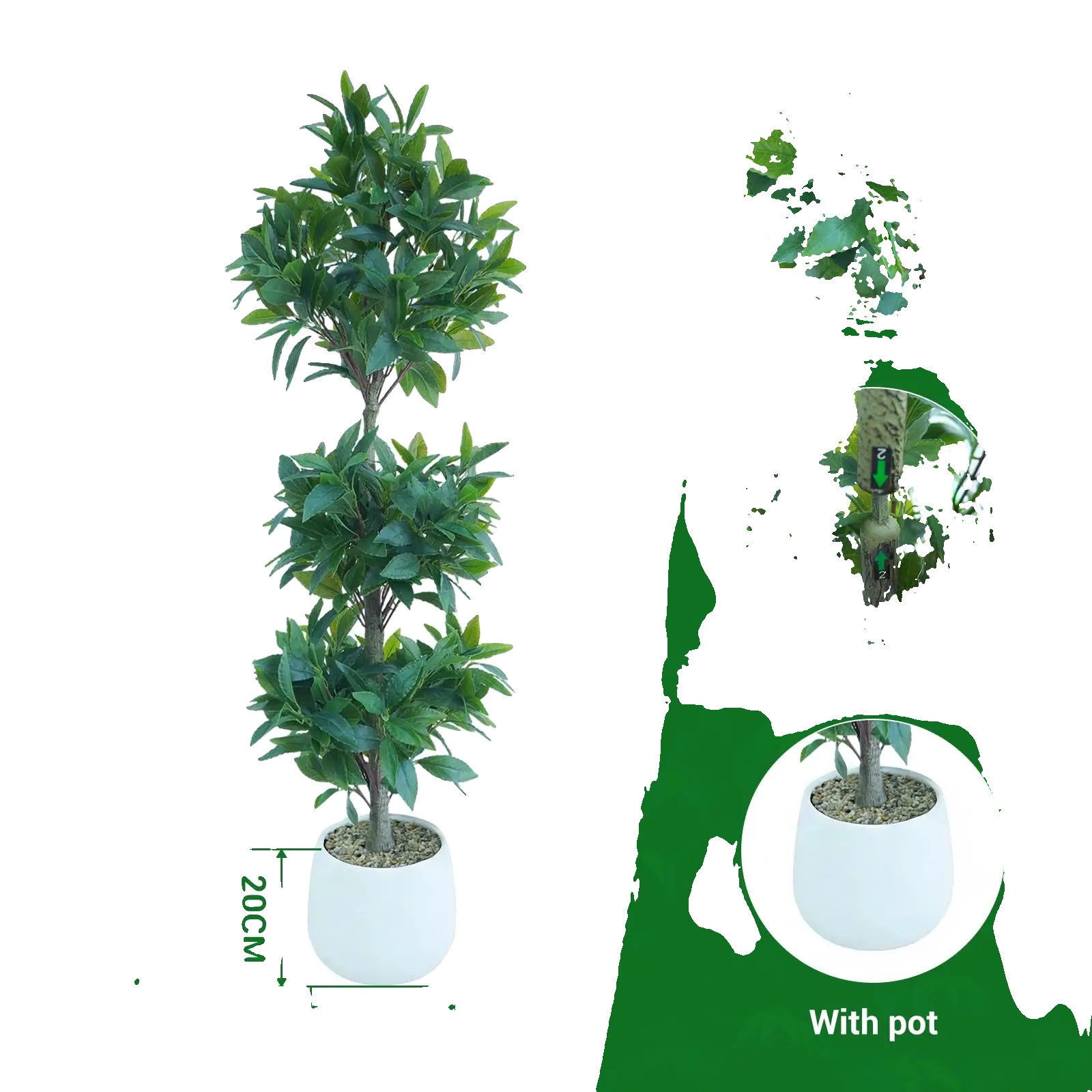 Künstlicher Lorbeerbaum, Realistische Blätter, Pflegeleicht, Weiss