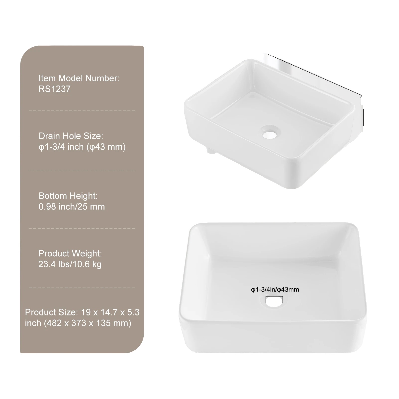 Waschbecken, Langlebige Keramik, Elegantes Design, 19x14.7 In