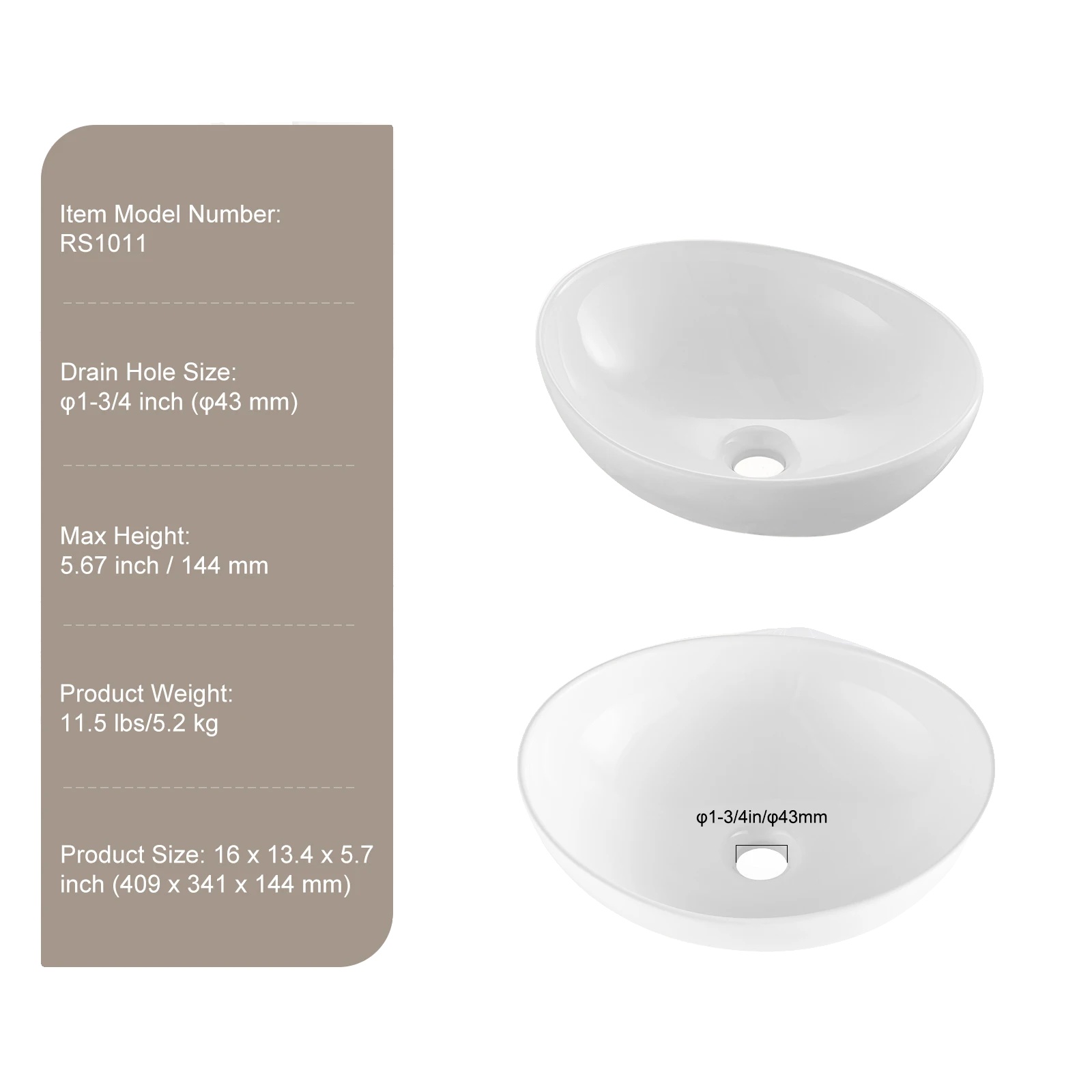 Waschbecken, Ovales Design, Keramische Konstruktion, 16x13.4 In