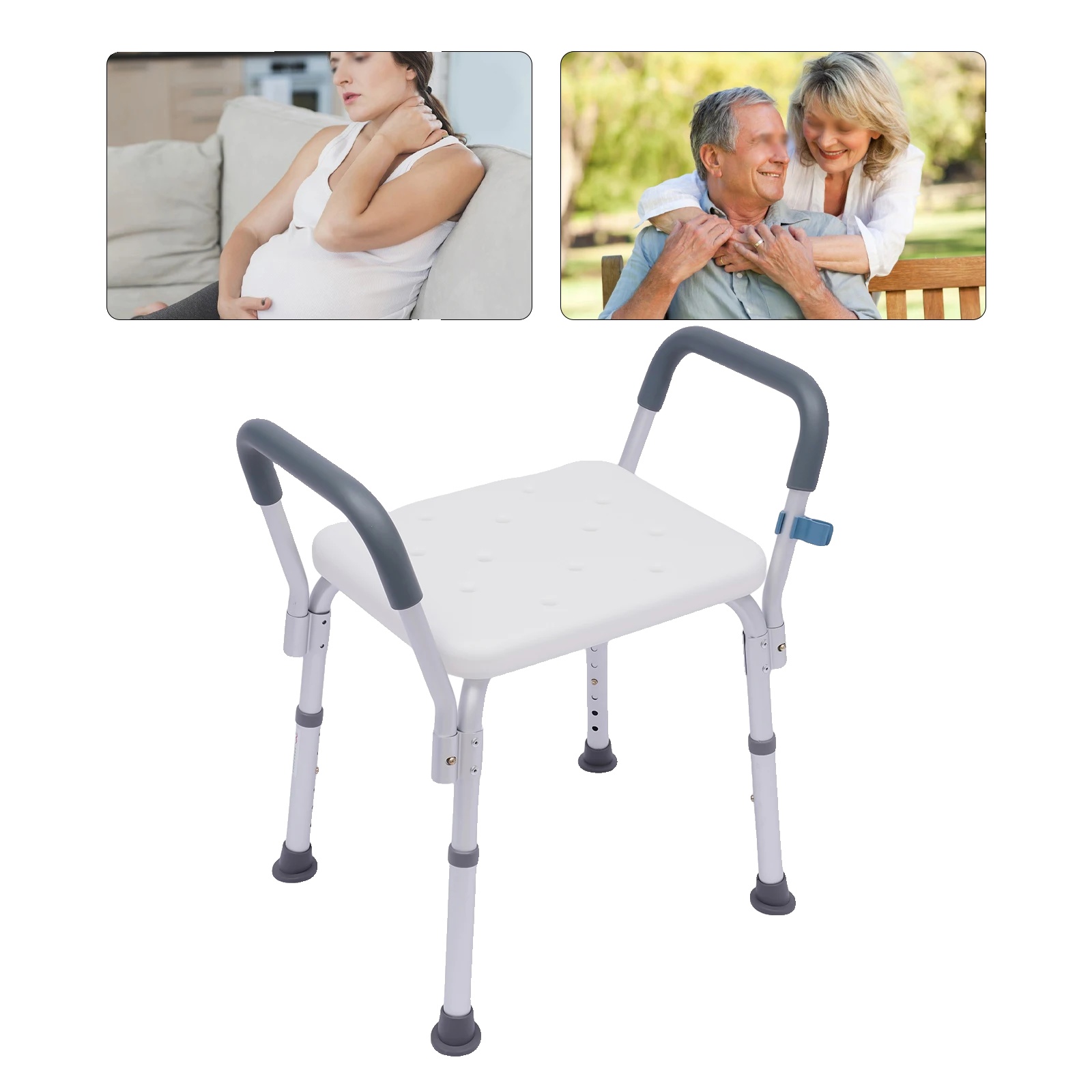 Duschstuhl, Verstellbare Höhe 37-49 Cm, Tragfähigkeit 150 Kg, Sitzgröße 33 X 40 Cm, Nettogewicht 3 Kg, Freistehend
