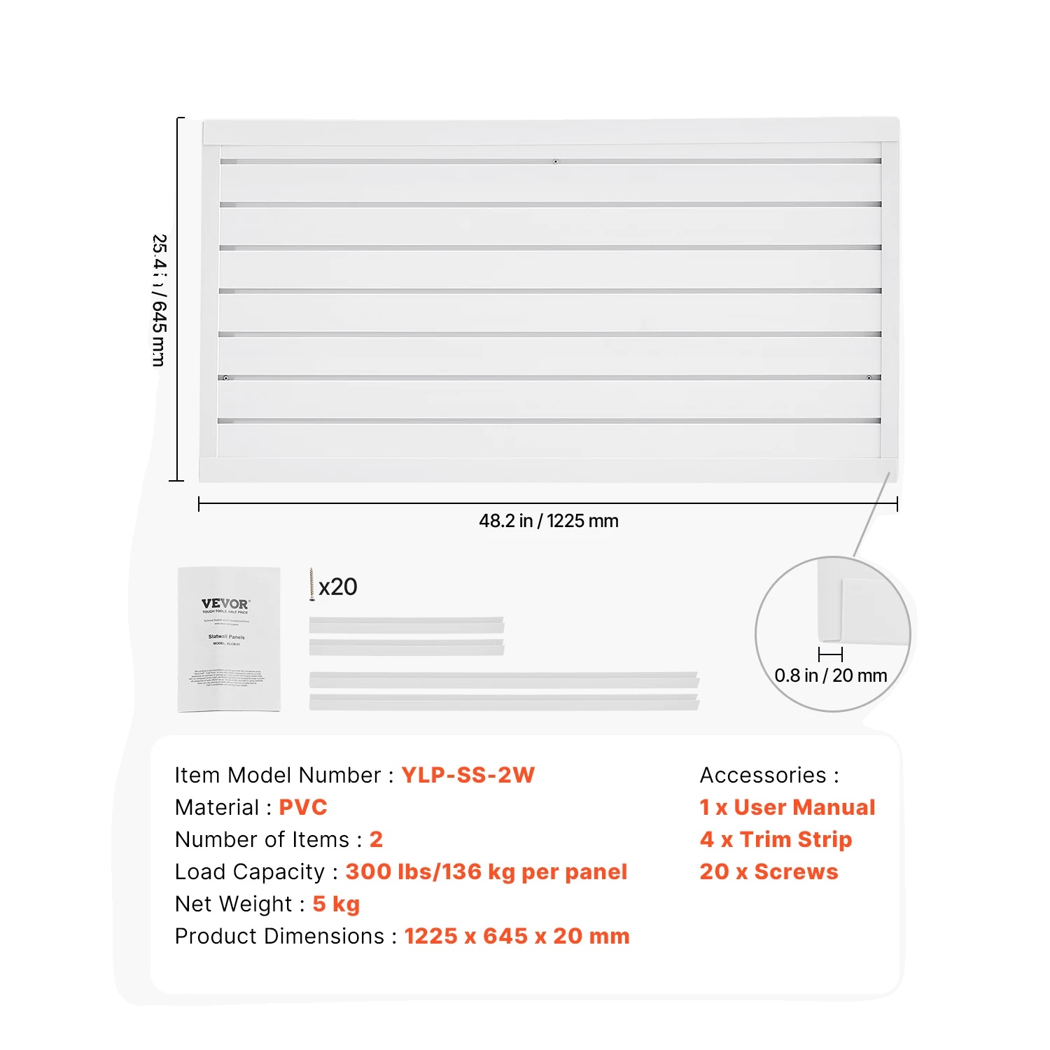 Slat-wandverkleidung, Langlebiges Pvc, Verstellbare Aufbewahrungslösung, Weiß, 8 X 4ft 32sq.ft