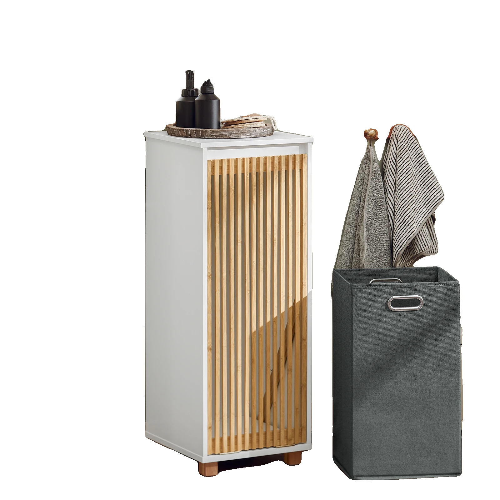 Wäscheregal, Ausklappbare Wäschetasche, Bambusdesign, Weiss