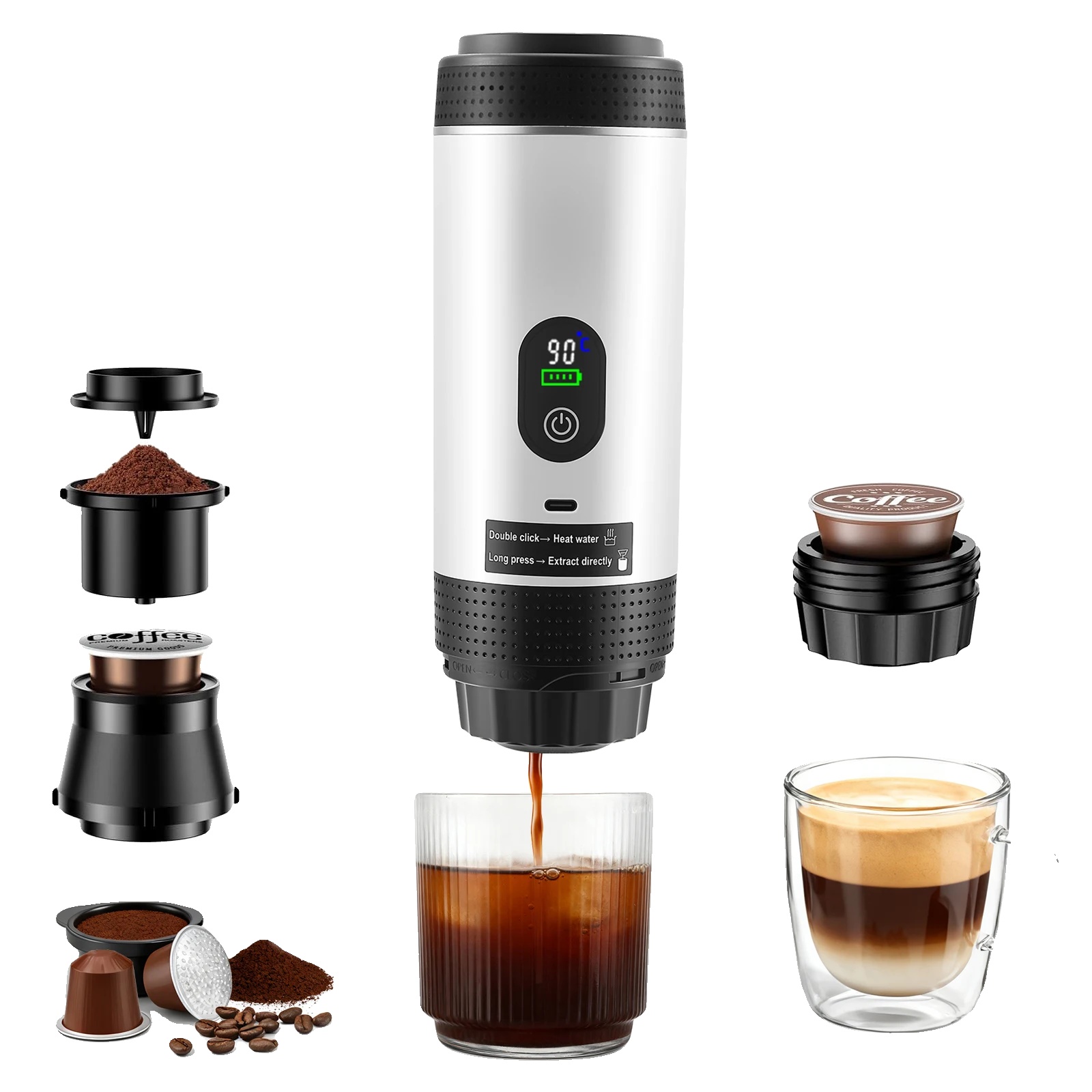 Kapselkaffeemaschine, Tragbar, 20 Bar Druck, Weiss