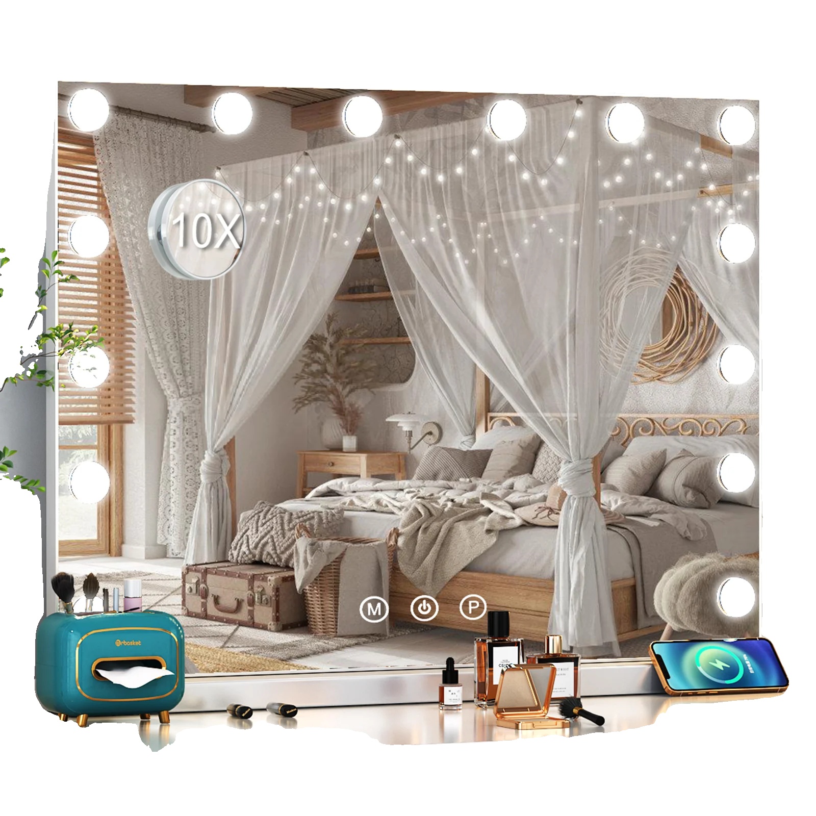 Make-up Spiegel, 14 Dimmbare Led-lampen, Modernes Design, Weiss