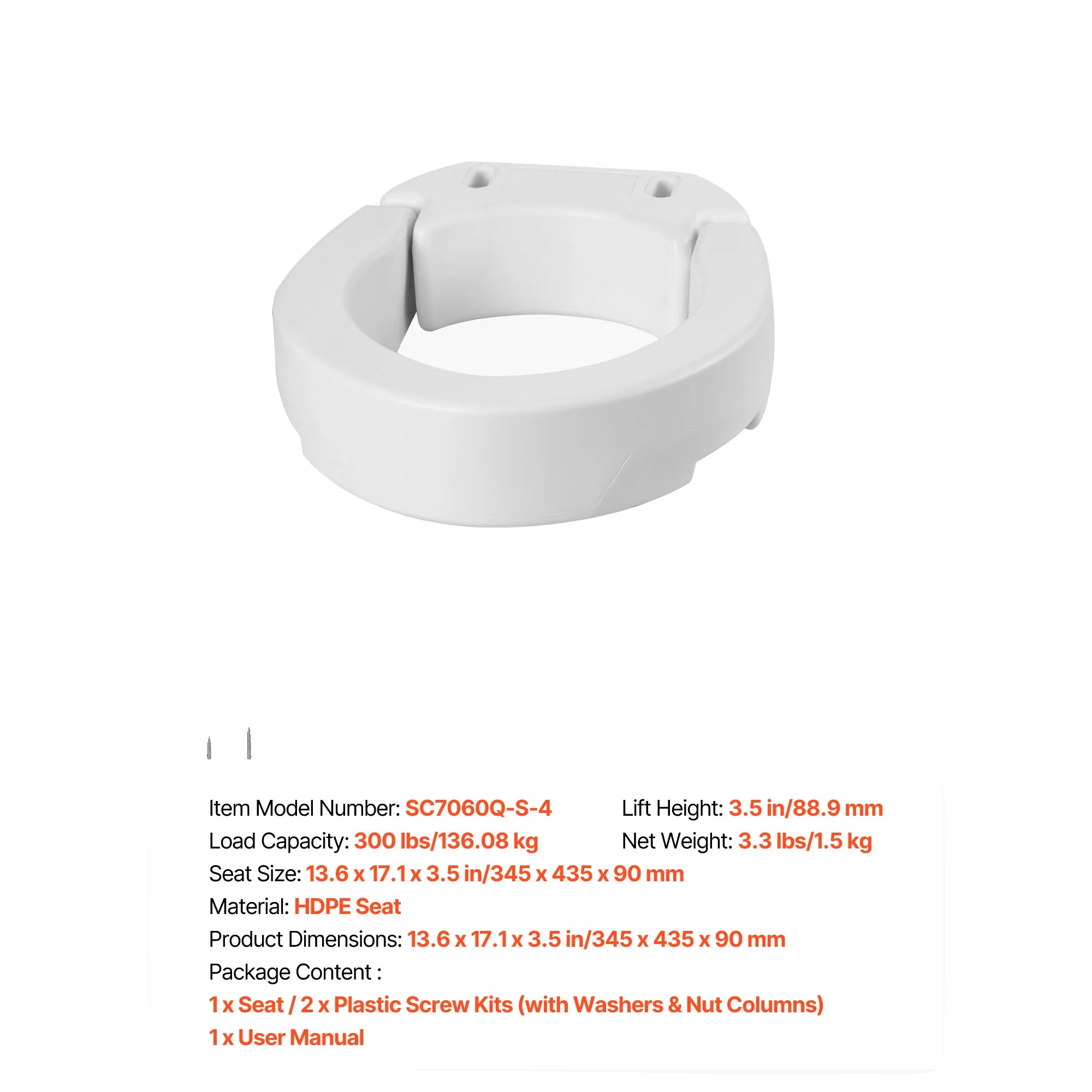 Erhöhter Toilettensitz, 136 Kg Tragfähigkeit, 8,9 Cm Erhöhung, Keine Armlehnen Standard