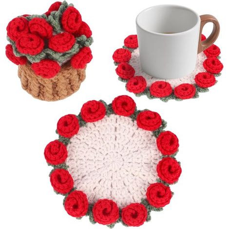 Gehäkeltes Untersetzer-set Mit Mini-körbchen – 14 Cm – Rot – Untersetzer Mit Blumenmuster