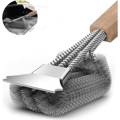 3-in-1 Grillbürste Mit Schaber – Gesamtlänge: 30 Cm – 20,2 Cm Holzgriff – Edelstahlspiralen
