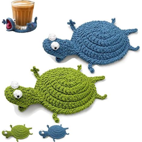 Gehäkelte Eidechsen-untersetzer – 2er-set – Lustige 3d-tieruntersetzer, 12 Cm – Grün Und Blau – Handgefertigt Für Gläser Und Tassen