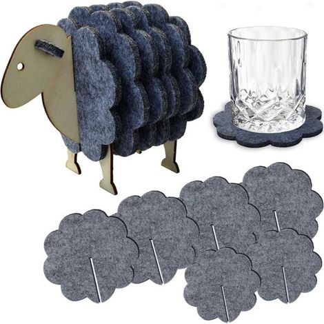 Filzuntersetzer Mit Schafmotiv – 6er-set – Glasuntersetzer Mit Schafförmigem Holzsockel – Grau