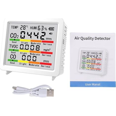 Co₂-messgerät Mit Led-anzeige – Weiß – Professionelles 5-in-1-luftqualitätsmessgerät – Tvoc- Und Co-detektor