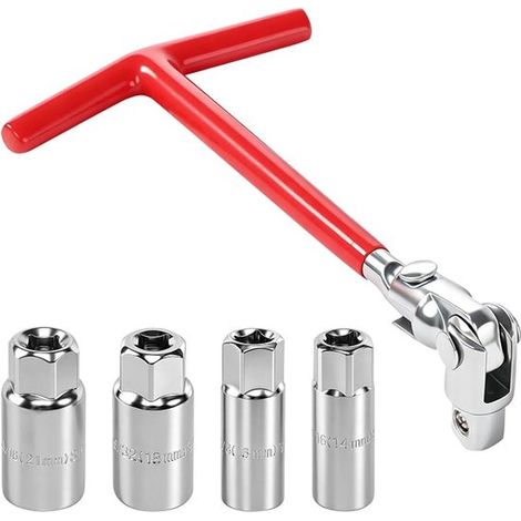 Zündkerzenschlüssel Mit T-griff – 5-teilig – Inklusive 4 Steckschlüsseln (14, 16, 18 Und 21 Mm) – Rot