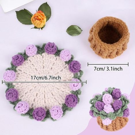 Handgehäkelte Untersetzer Mit Mini-korb – Untersetzer Mit Böhmischem Blumenmuster Für Den Couchtisch, Geburtstagsgeschenk, Hochzeitsgeschenk Und Vintage-rosen-design (lila)