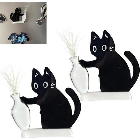 2er-set Kühlschrankmagnete – Schwarz-weiß – Mini-vase Und Schnurrhaarhalter – Schwarze-katze-motiv