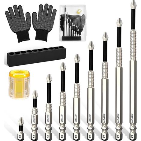 Set Mit 9 Magnetischen Bithaltern – 25 Bis 150 Mm – Rutschfeste Schraubendreherbits – Mit Magnetring Und Handschuhen