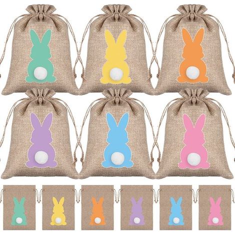 Set Mit 24 Jute-ostergeschenktüten – 10 X 15 Cm – 6 Farben – Mit Pompon-hasen – Wiederverwendbare Tüten Für Ostereier Und Kleine Geschenke
