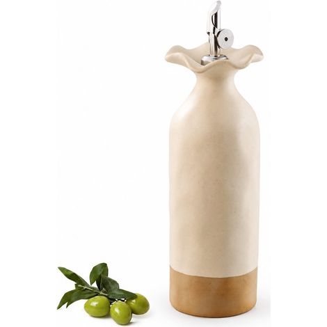 Olivenölflasche – 600 Ml – 8 X 26,5 Cm – Keramik-ölpresse – Steingut Mit Automatischem Edelstahlauslauf Und Blickdichter Oberfläche – Beige