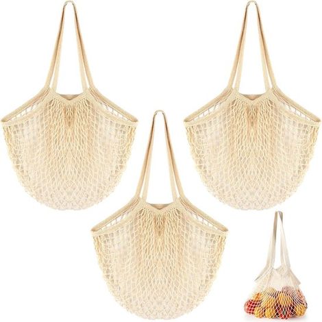 Set Mit 3 Baumwollnetztaschen - 35 X 35 Cm - Beige - Rennnetz - Lange Griffe