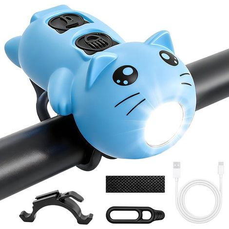 Fahrradlicht Und Klingel Für Kinder (2 In 1) – Blau – Wiederaufladbares Katzen-fahrradlicht Mit Usb-c-anschluss – 200 Lumen