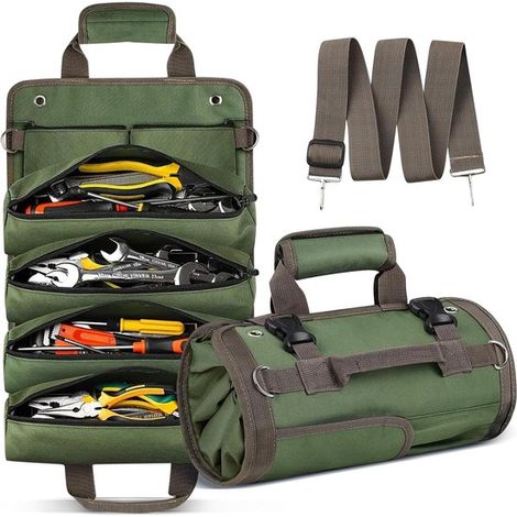 11-in-1 Roll-up Werkzeugtasche - 49 X 32 Cm - Grün - Canvas-organizer Mit 11 Fächern - 4 Reißverschlusstaschen, 5 Steckfächer Und 2 Minitaschen