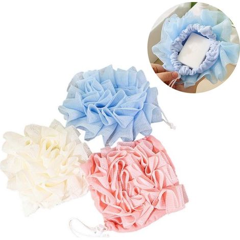 Set Mit 3 Dusch- Und Badeschwämmen – Weiß/blau/rosa – Schwämme – Peeling-schaumnetz Mit Kordelzug