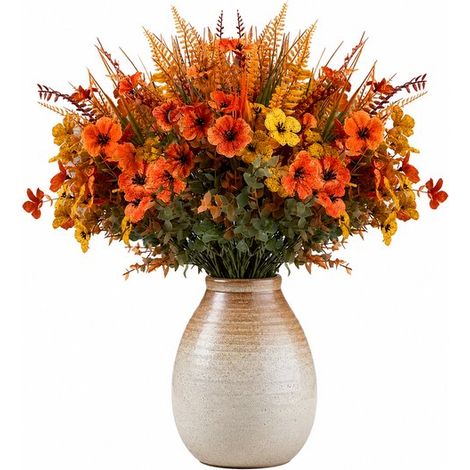 Künstlicher Blumenstrauß – 42 Cm – Orange Und Gelb – Herbststrauß Mit Veilchen, Eukalyptus Und Farnen – Pflegeleichter Landhausstrauß