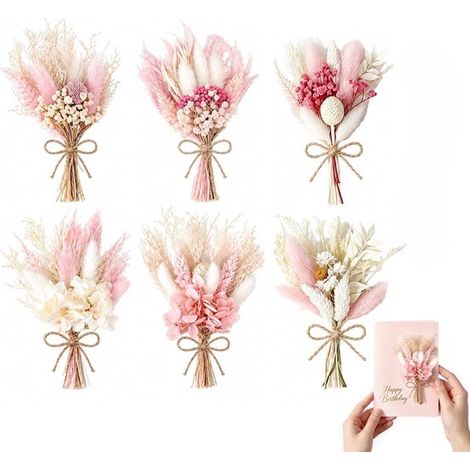 Mini-trockenblumensträuße – 6 Stück – 7 X 15 Cm – Rosa Und Weiß