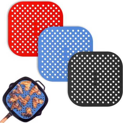 Set Mit 3 Silikon-kochmatten Für Heißluftfritteusen – 21,5 X 21,5 Cm – Rot, Blau Und Schwarz