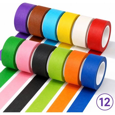 Packung Mit 12 Rollen Farbigem Malerabklebeband – 23 Mm X 13 M – Mehrfarbig – Beschreibbar Und Rückstandsfrei Klebend