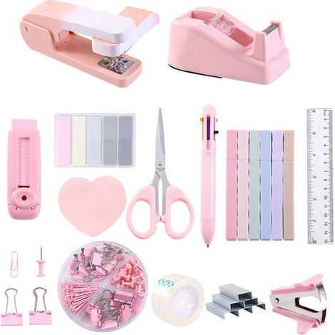 Büroaccessoires-set – 14-teiliges Set – Rosa – Hefter, Klebebandabroller Und Schere