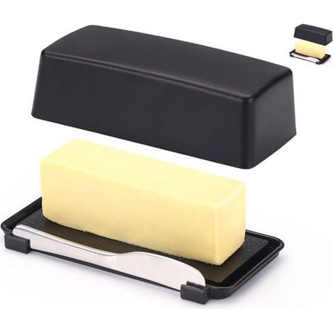Butterdose Mit Deckel – 17,5 X 8,3 X 5 Cm – Mit Edelstahlmesser – Schwarz – Käsedose – Kleine Butterdose
