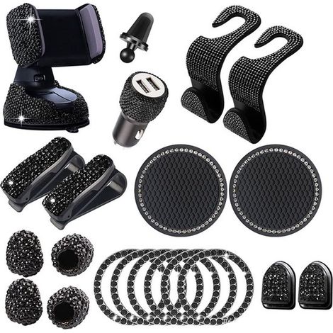 Autodekoration – 20-teiliges Glitzer-set – Schwarz – Glitzerndes Autozubehör – Glitzer-handyhalter