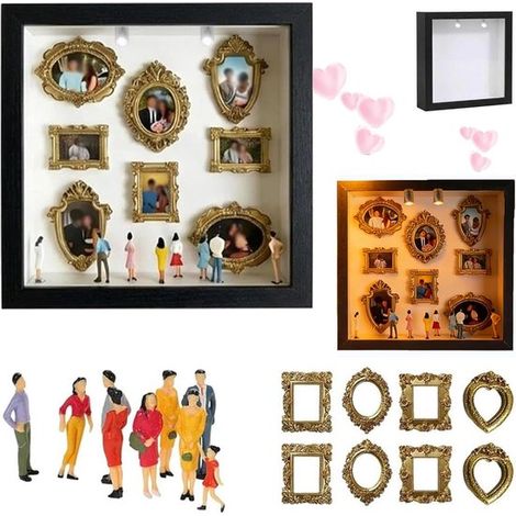 3d-fotorahmen Zum Selberbauen, Schwarz Mit Led – 25,5 X 25,5 Cm – Tischrahmen – Komplettset Mit 8 Miniaturfiguren Und 8 Goldenen Rahmen