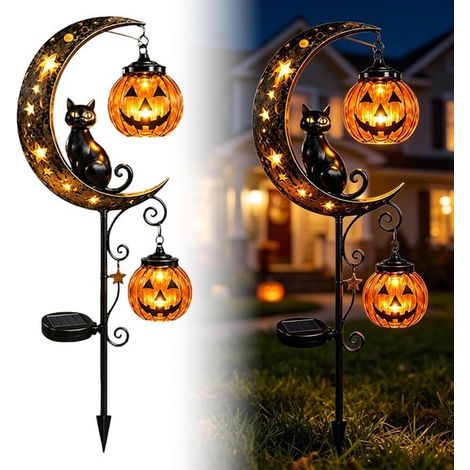 Halloween-lampe Mit Erdspieß – 87 X 17 X 6 Cm – Solar-led-halloween-licht – Verziert Mit Einer Schwarzen Katze Und Einem Kürbismond