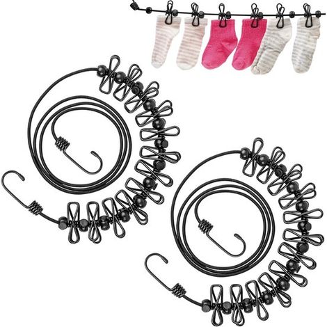 Elastische Wäscheleine (2-teilig) Mit 12 Wäscheklammern – Schwarz – Windfeste Reise-wäscheleine – Trockenlänge: 1,8 M