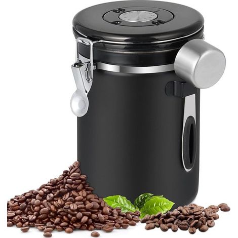 Luftdichter 1,8-liter-kaffeebehälter Aus Edelstahl Mit Kapsel- Und Datumsanzeige Zur Aufbewahrung Von Kaffeebohnen. Farbe: Schwarz.