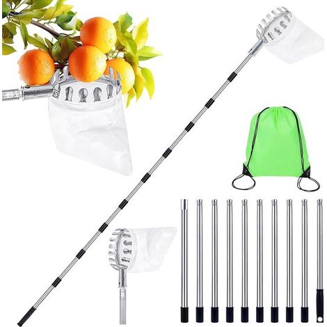 Obstpflücker – 11-teiliger Modularer Edelstahlstiel Mit Fangkorb Und Tragetasche – Silber