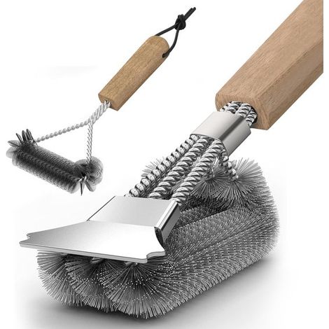 Set Mit 2 Grillbürsten – 3-in-1-bürste Mit Schaber (30 Cm) Und Präziser Dreieckbürste (21 Cm) – Holzgriff
