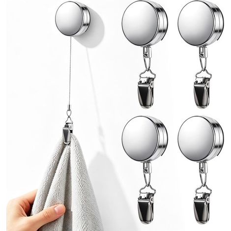Handtuchhaken – 4er-set – Ausziehbares Kabel (bis Zu 60 Cm) Und Klebefläche, Kein Bohren Erforderlich – 9,5 X 4 Cm – Silber
