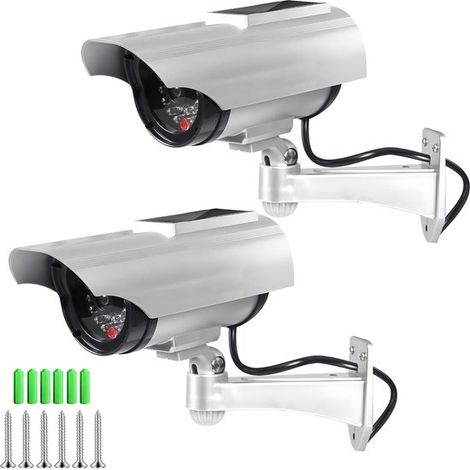 Attrappe Einer Überwachungskamera – 2er-pack – Höhe: 186 Mm – Silber – Solarbetriebene Attrappe Einer Überwachungskamera Mit Blitzlicht – Duales Netzteil