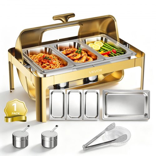 VEVOR Chafing Dish Set 12,3 L Edelstahl Warmhaltebehälter Buffets 1 Stück für Hochzeiten & Partys, Transparenter Rolldeckel mit 90°/180° Öffnung, 1 Große und 3 Kleinere Behälter, Zange, Glasschale