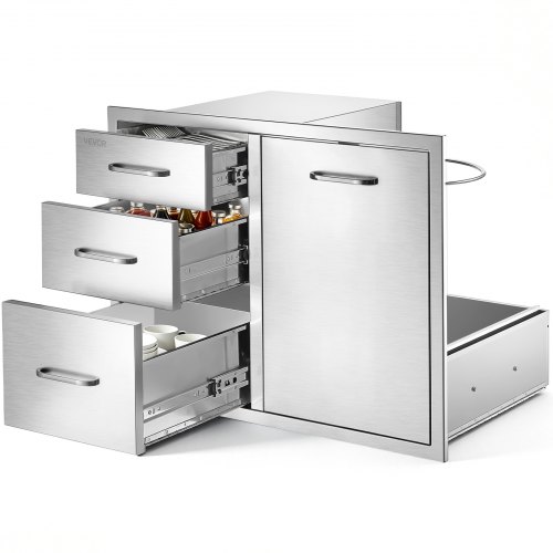 VEVOR Outdoor Küchenschubladen Kombination 3 Schubladen 1 Tür Edelstahl für Grillinseln, Terrassenbars & Grillstationen, 762x572x521 mm (BxTxH), zum Einbau, mit Seitenschrank für Propangasflasche